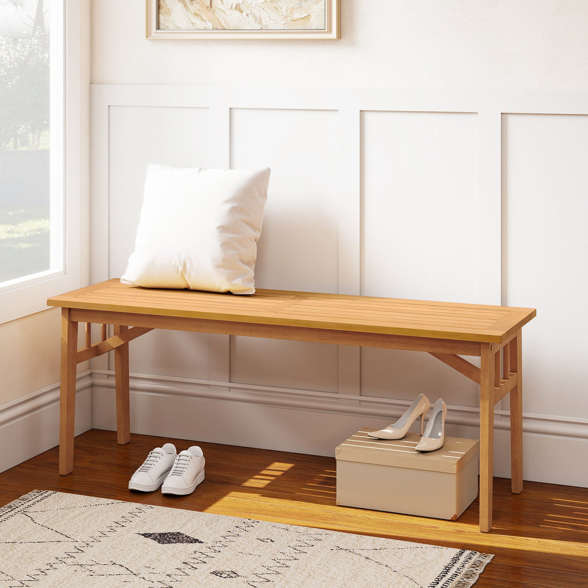 Banco de madera de acacia de 48 pulgadas con asiento de listones transpirable y estructura triangular estable