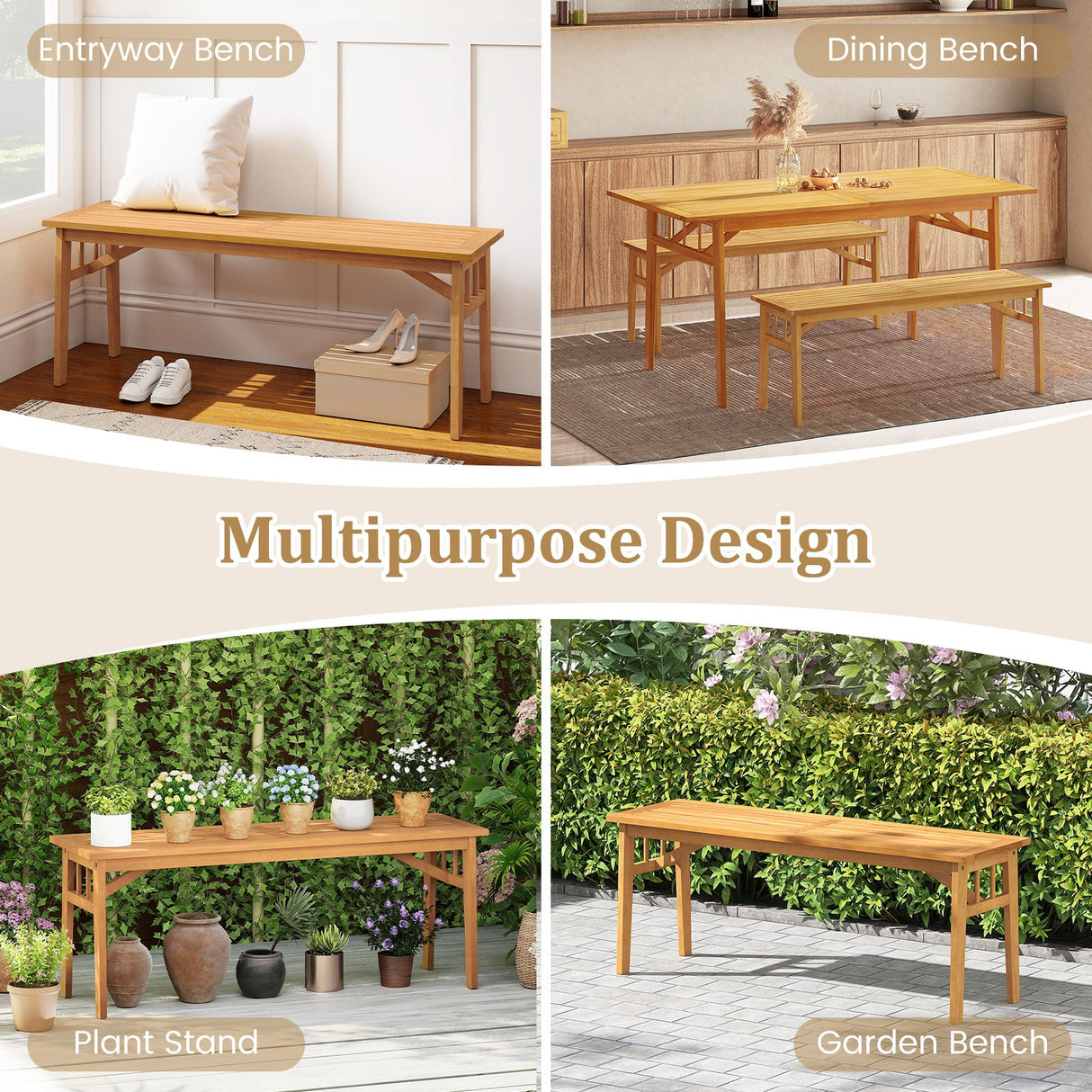 Banco de madera de acacia de 48 pulgadas con asiento de listones transpirable y estructura triangular estable