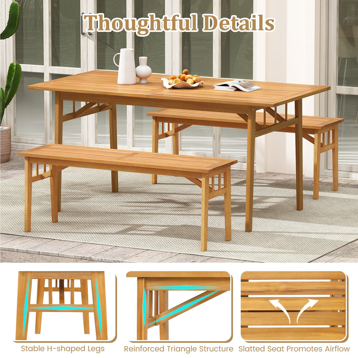 Banco de madera de acacia de 48 pulgadas con asiento de listones transpirable y estructura triangular estable