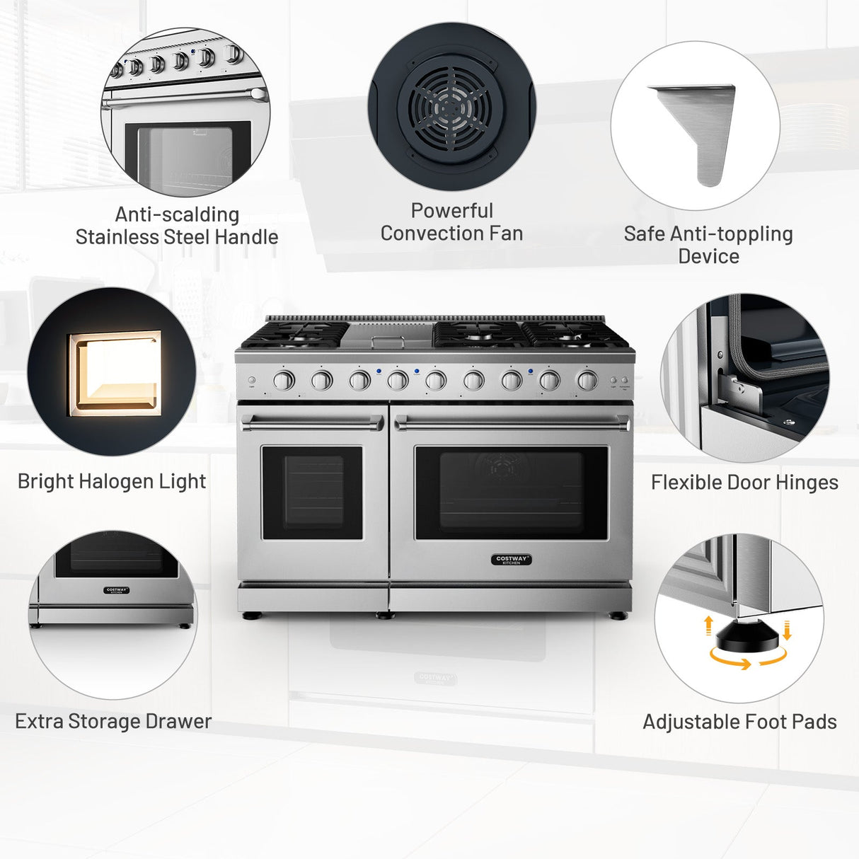 Cocina de gas natural independiente de 48 pulgadas con placa de cocción de 7 quemadores
