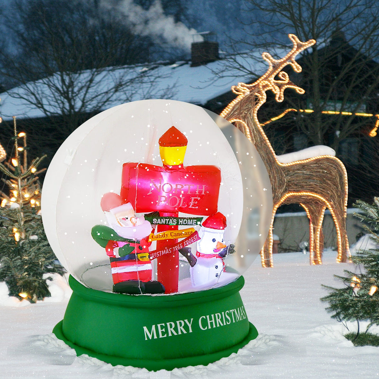 Globo de nieve inflable de Navidad de 4 pies con Papá Noel, muñeco de nieve y letrero de carretera