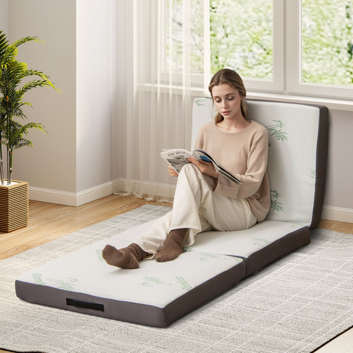 Colchón de espuma tríptico de 4 pulgadas con funda lavable para yoga o invitados - Gris