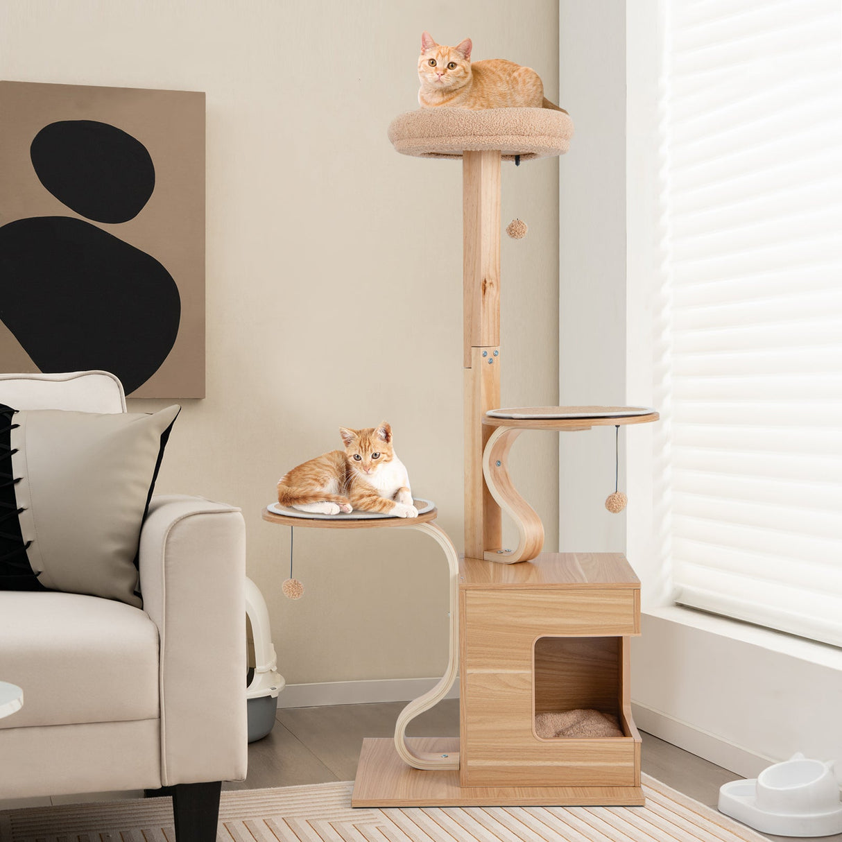 Árbol para gatos de madera de 4 niveles, torre para gatos de 51 pulgadas de alto con condominio y cojines lavables - Natural