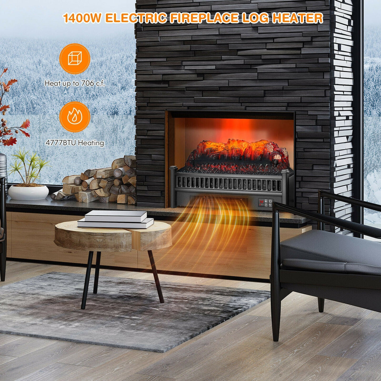Calefactor de leña eléctrico de 1400 W con brillo de llama ajustable - Negro