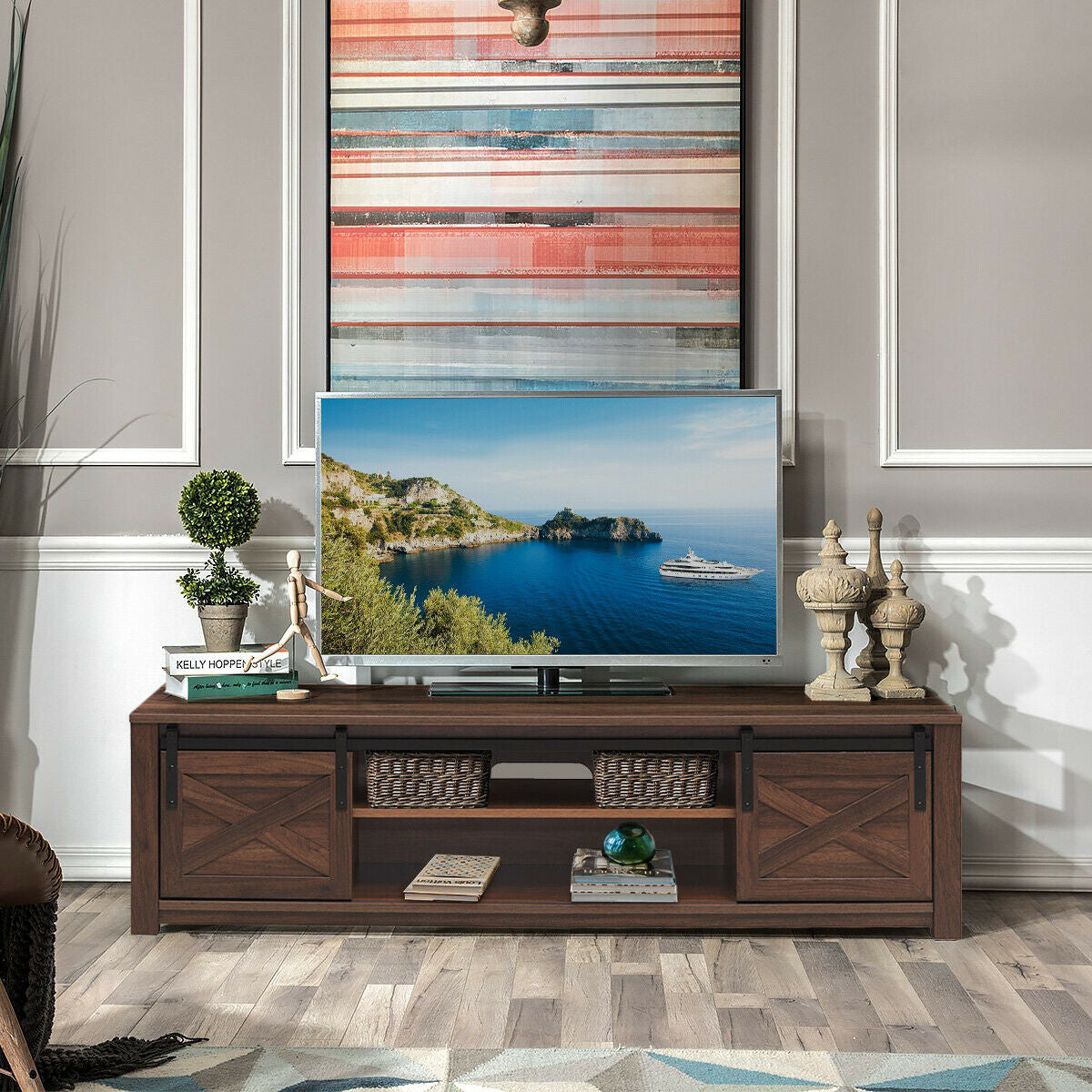 Mueble de TV de 65 pulgadas con puerta corrediza estilo granero