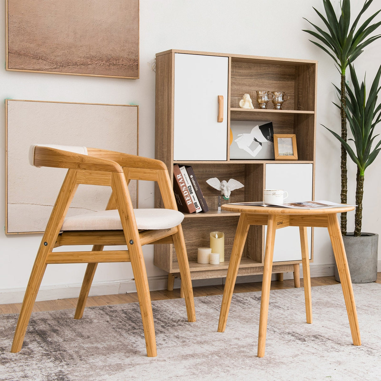 Mesa auxiliar redonda de bambú, moderna y elegante, con tablero redondo de 50,8 cm - Natural