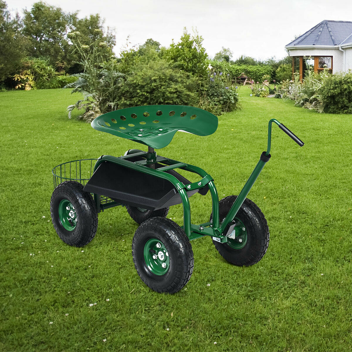 Carro de jardín con manillar extensible y asiento con ruedas