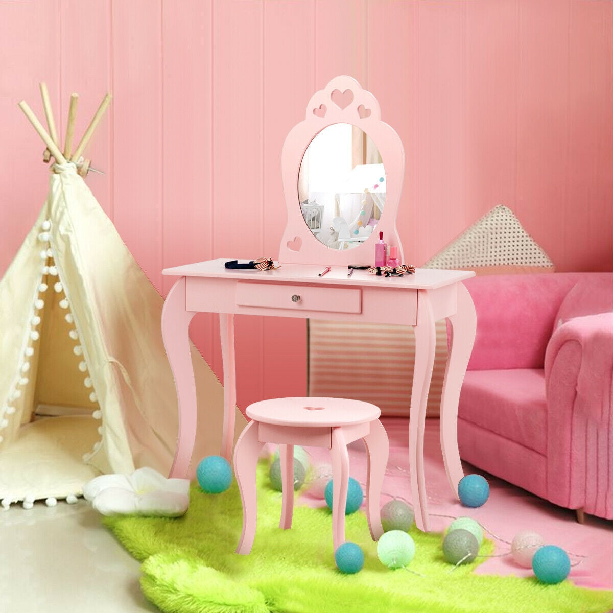 Juego de mesa de tocador de maquillaje de princesa para niños con espejo