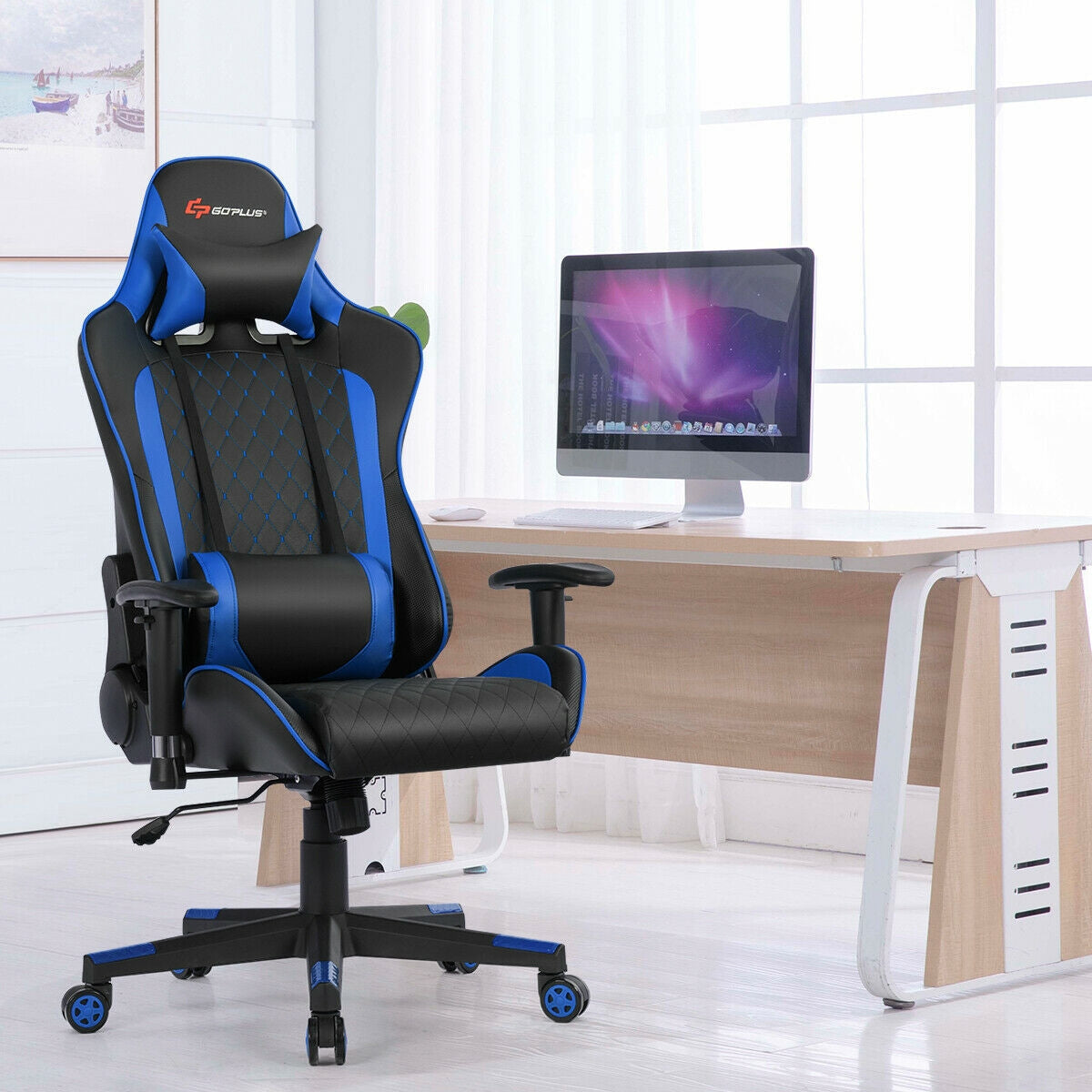 Silla de juego con masaje, soporte lumbar y reposacabezas