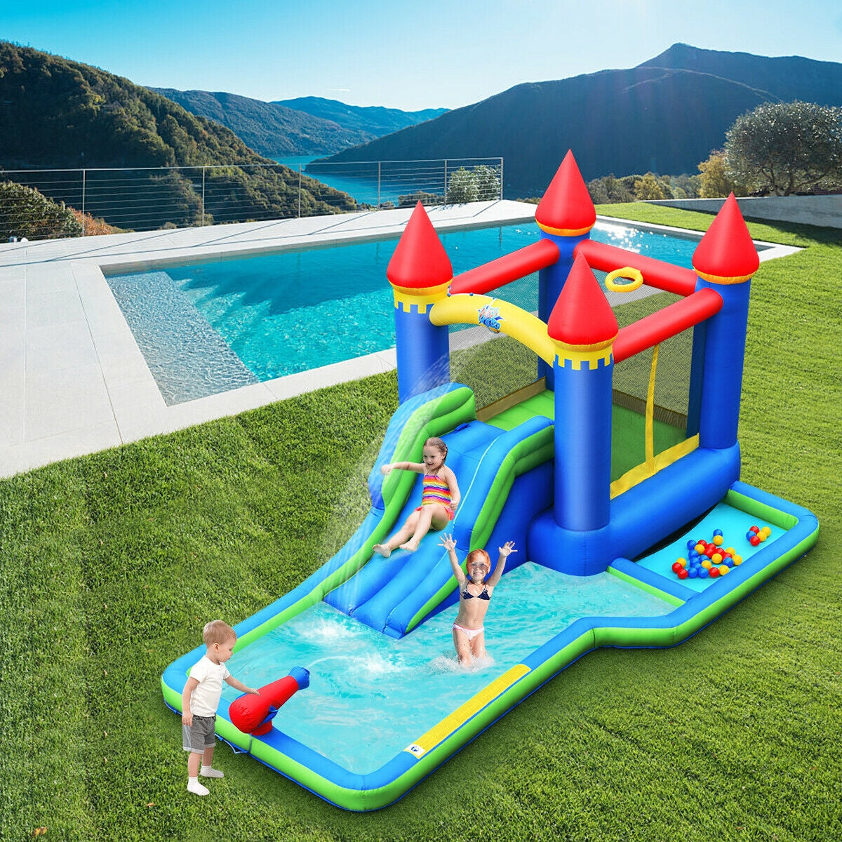 Casa inflable para niños con tobogán de agua sin soplador