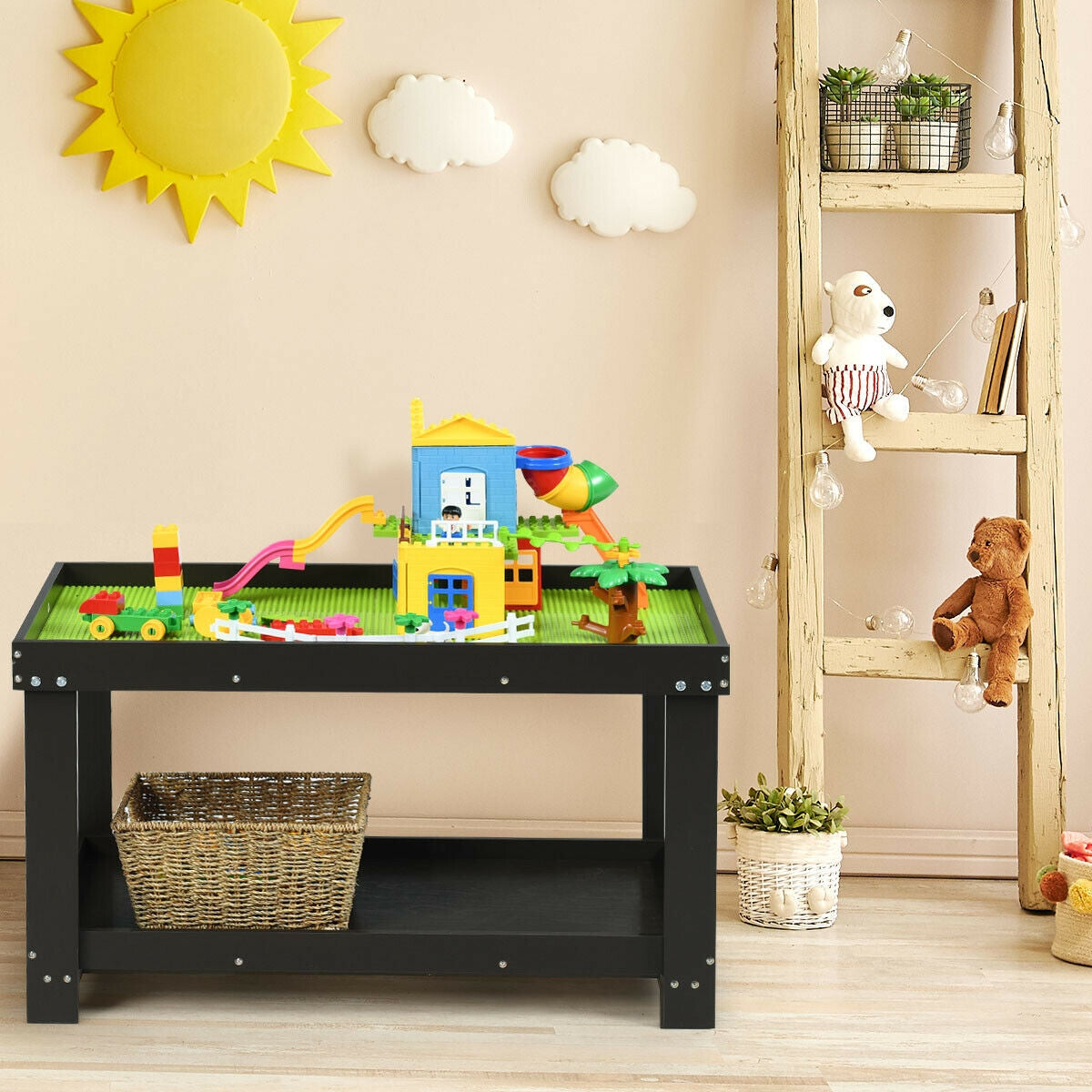 Mesa de juego de actividades para niños, multifuncional, de madera maciza