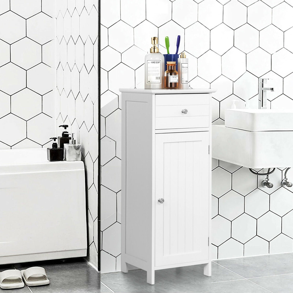 Mueble de almacenamiento de madera para baño con cajón y estante
