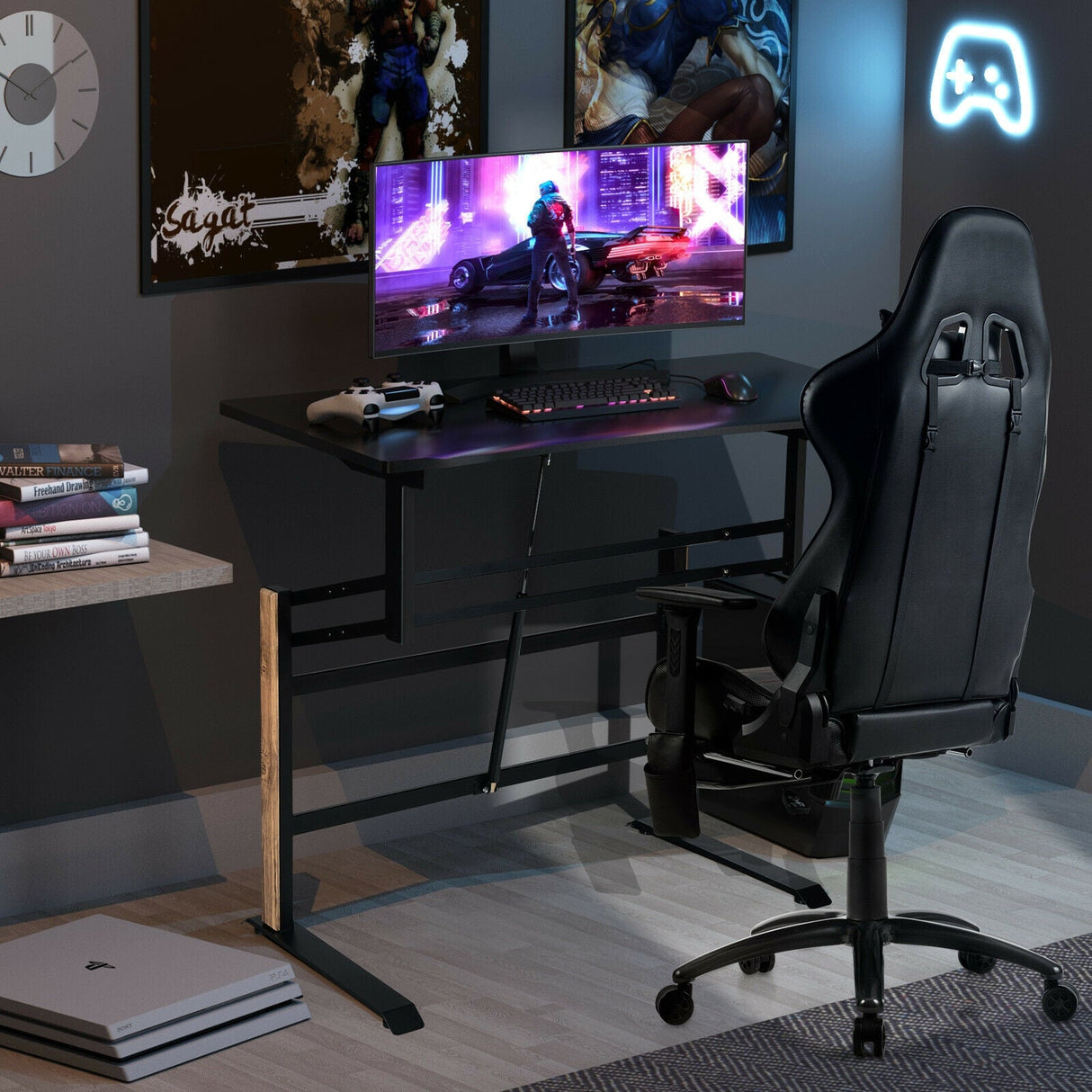 Escritorio de juegos neumático de altura ajustable en forma de T con bandeja para regleta - Negro