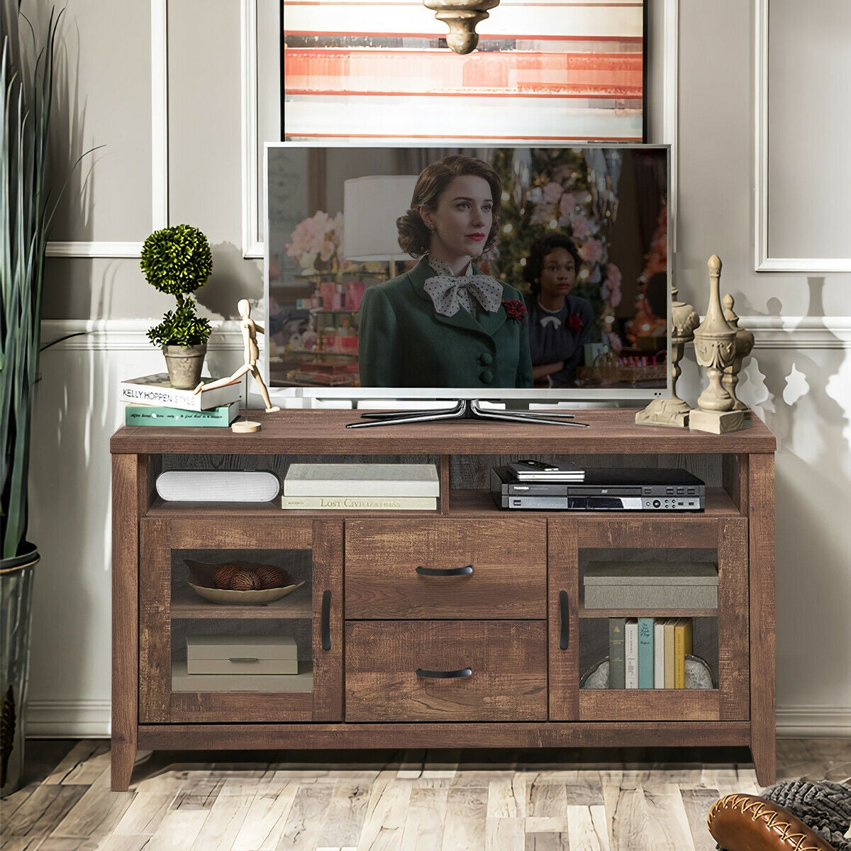 Mueble para TV retro de madera con cajones y puertas de cristal templado