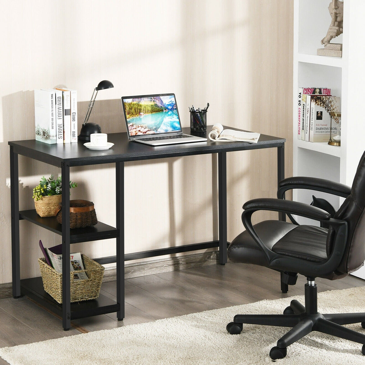 Escritorio de ordenador de 47 pulgadas, mesa de estudio, estación de trabajo para el hogar con estante ajustable, negro