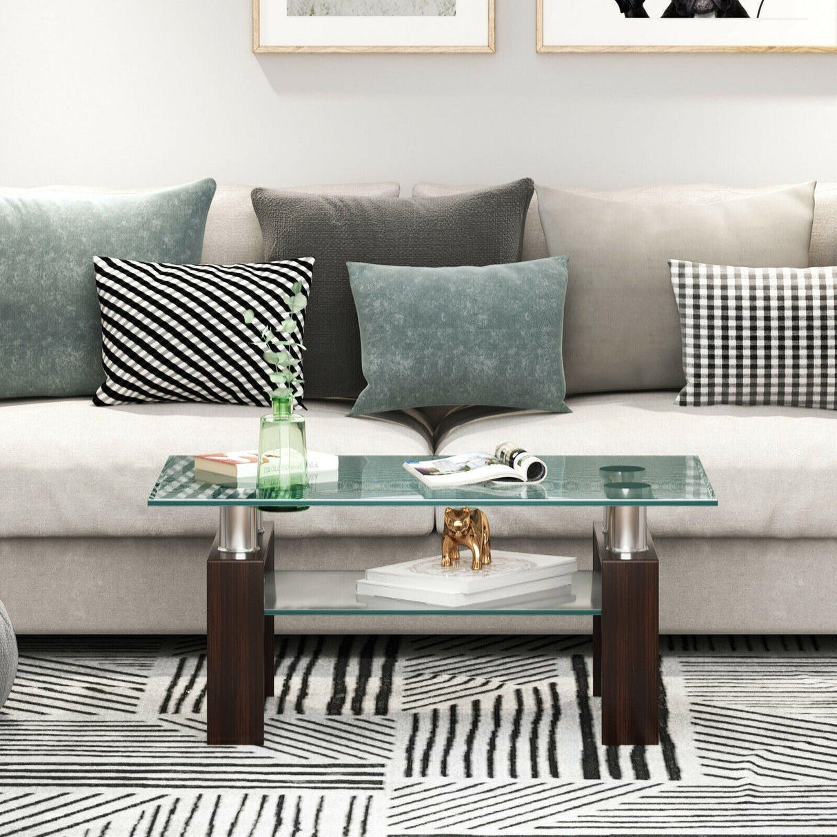 Mesa de centro rectangular de cristal con patas metálicas para salón