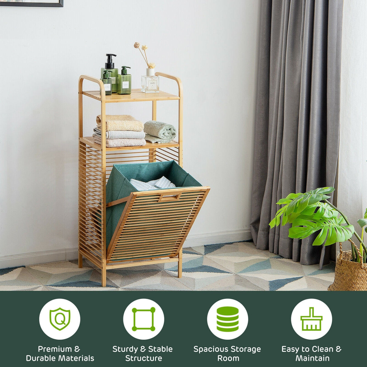 Tilt-out Bamboo Laundry Hamper with 2-Tier Shelf and Removable Liner-Natural