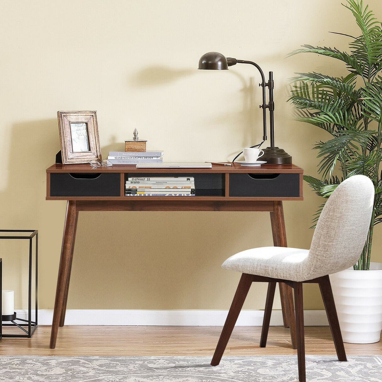 Escritorio de computadora elegante con 2 cajones y patas de madera maciza