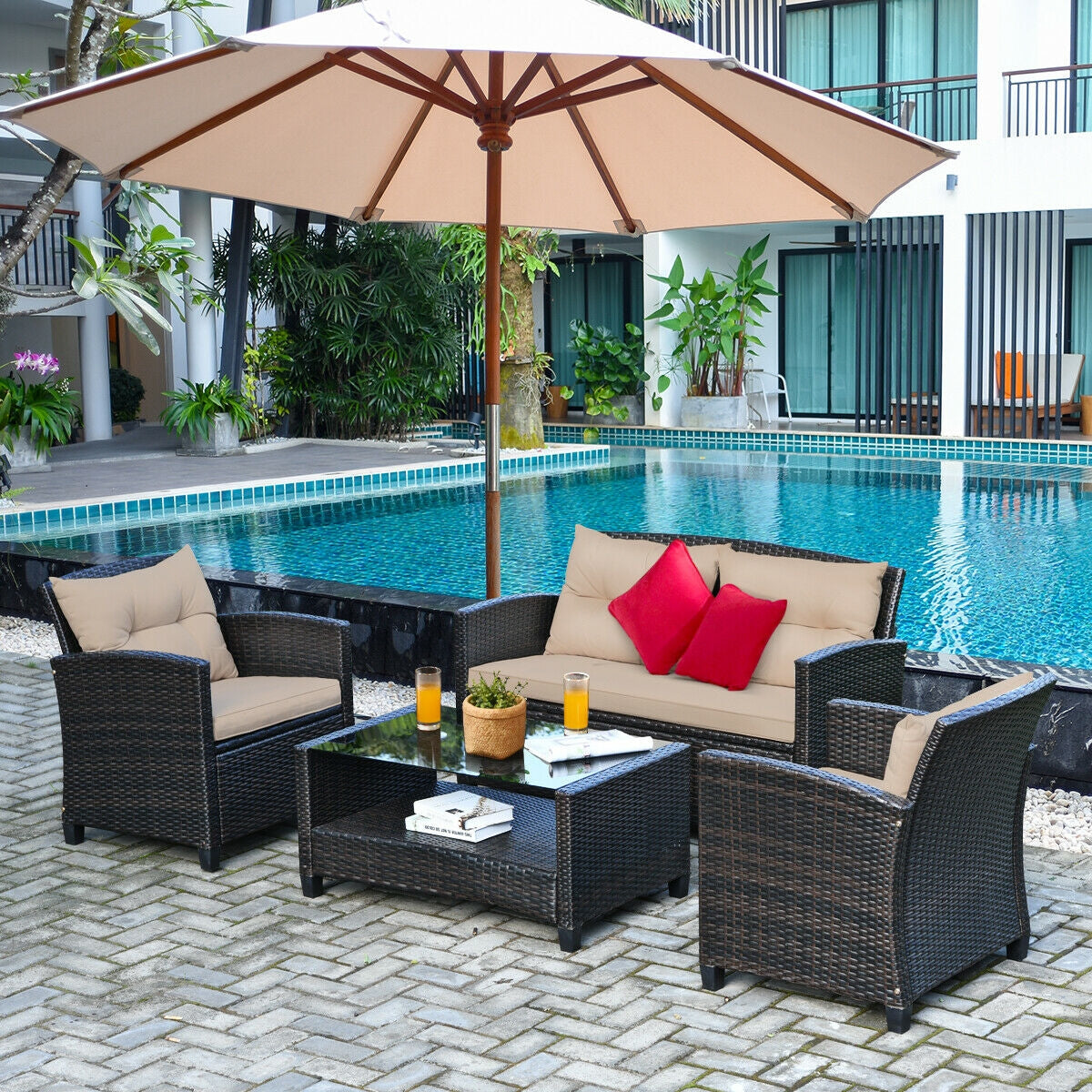 Juego de muebles de ratán para exterior de 4 piezas con mesa de cristal