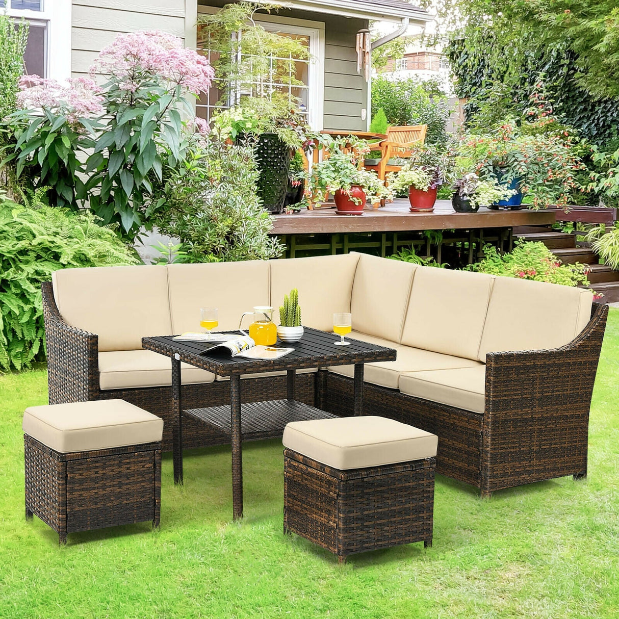 Juego de Muebles de Sofá de Ratán para Patio de 6 Piezas