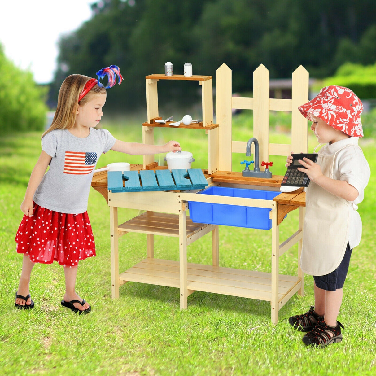 Juego de cocina de juguete de madera para niños al aire libre