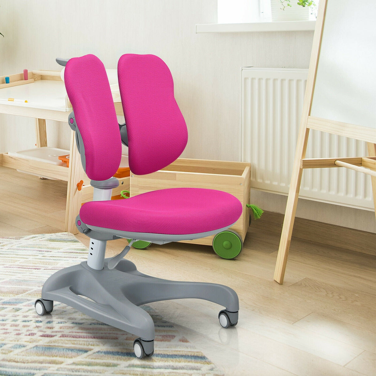 Silla estudiantil de altura regulable con ruedas con freno de asiento y soporte lumbar para el hogar y la escuela