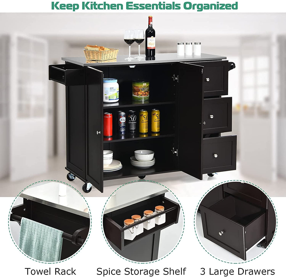 Isla de cocina con gabinete de almacenamiento de 2 puertas, cajones y encimera de acero inoxidable
