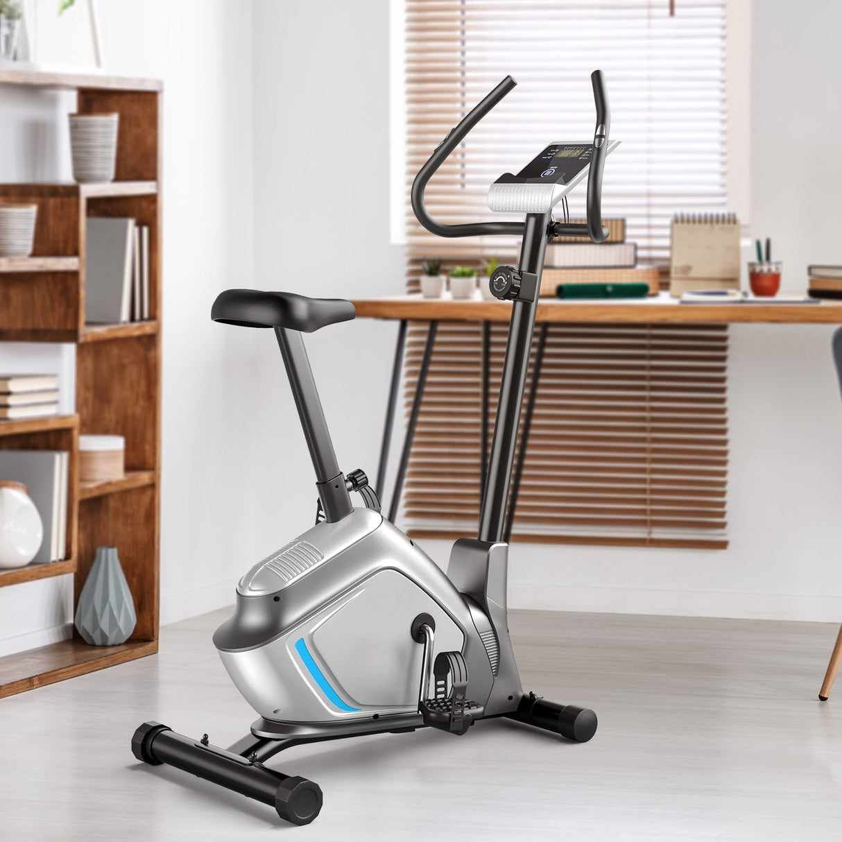 Bicicleta estática vertical magnética con monitor LCD y sensor de pulso