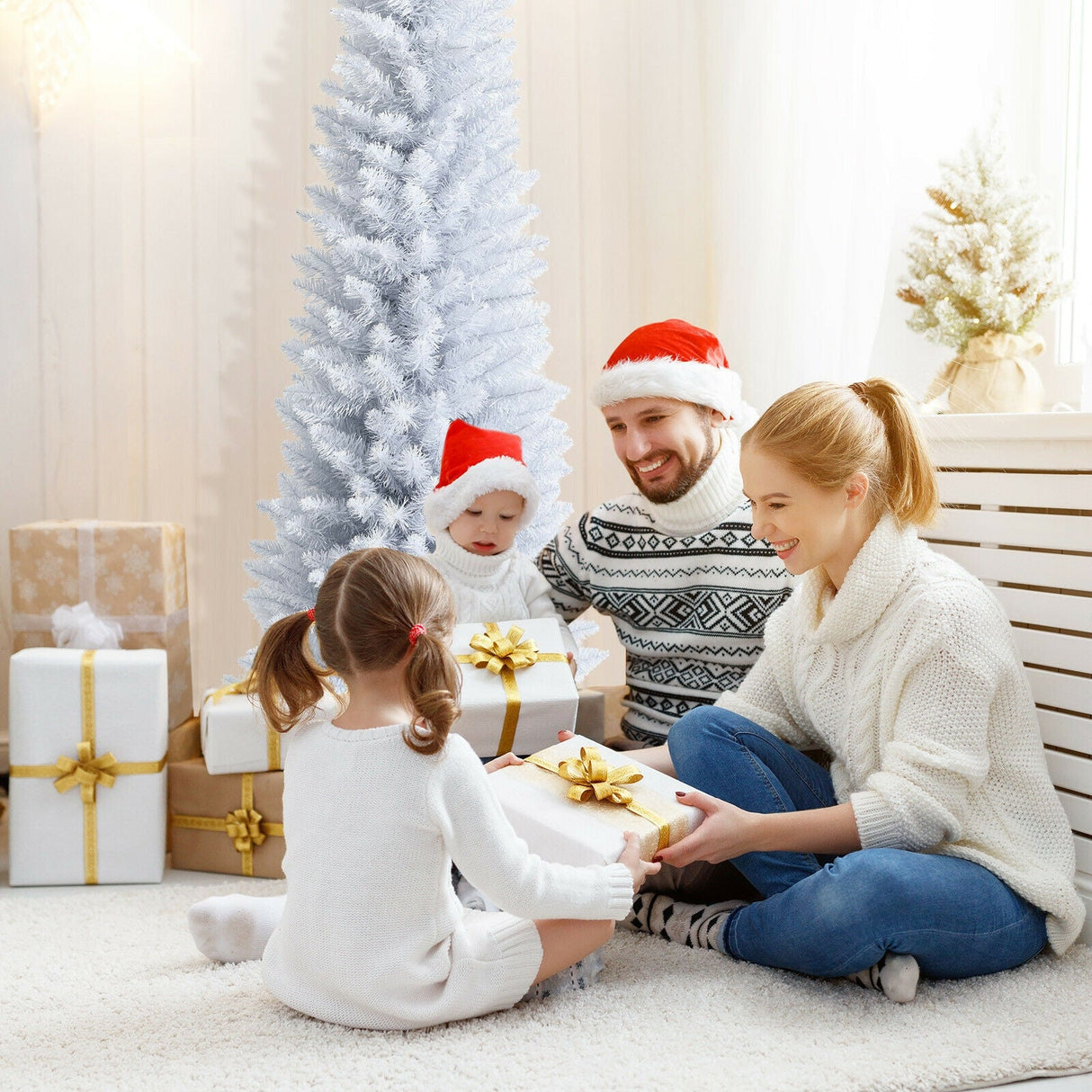 Árbol de Navidad artificial delgado tipo lápiz sin luces de 1,8 m con soporte metálico