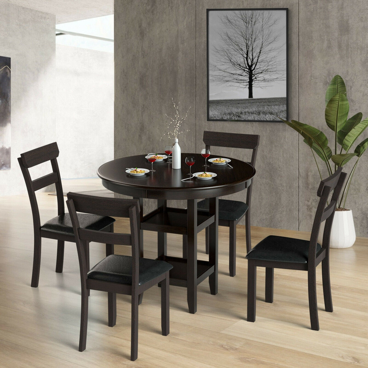 Juego de 2 sillas de comedor con estructura de madera de caucho y asiento tapizado de piel sintética