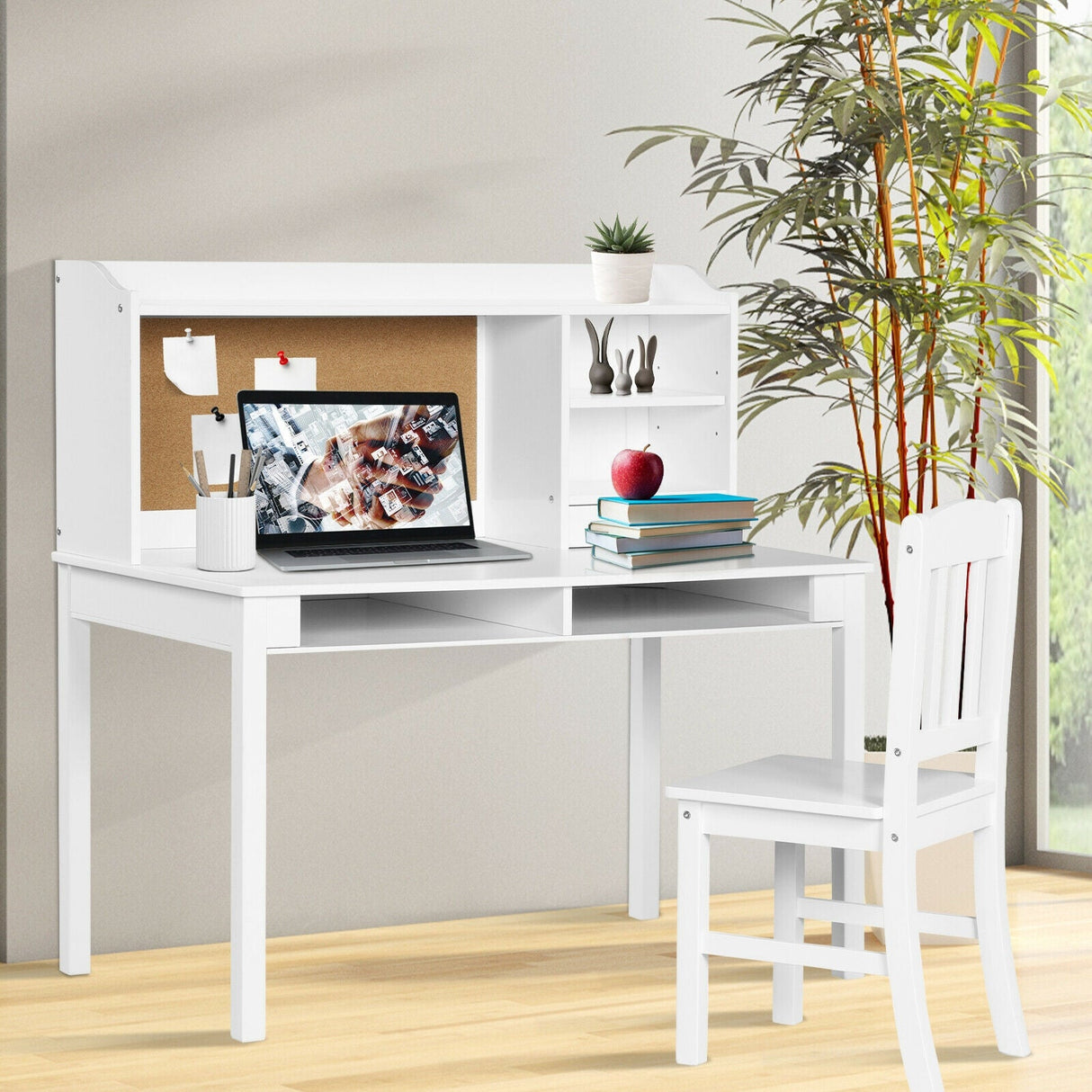 Juego de escritorio y silla para niños, escritorio de estudio con estantería y repisas