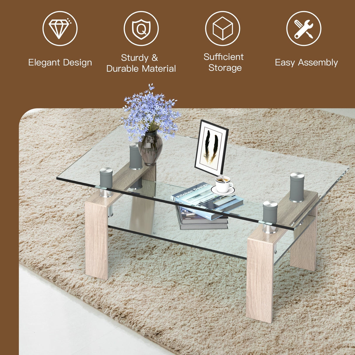 Mesa de centro rectangular de cristal con patas metálicas para salón