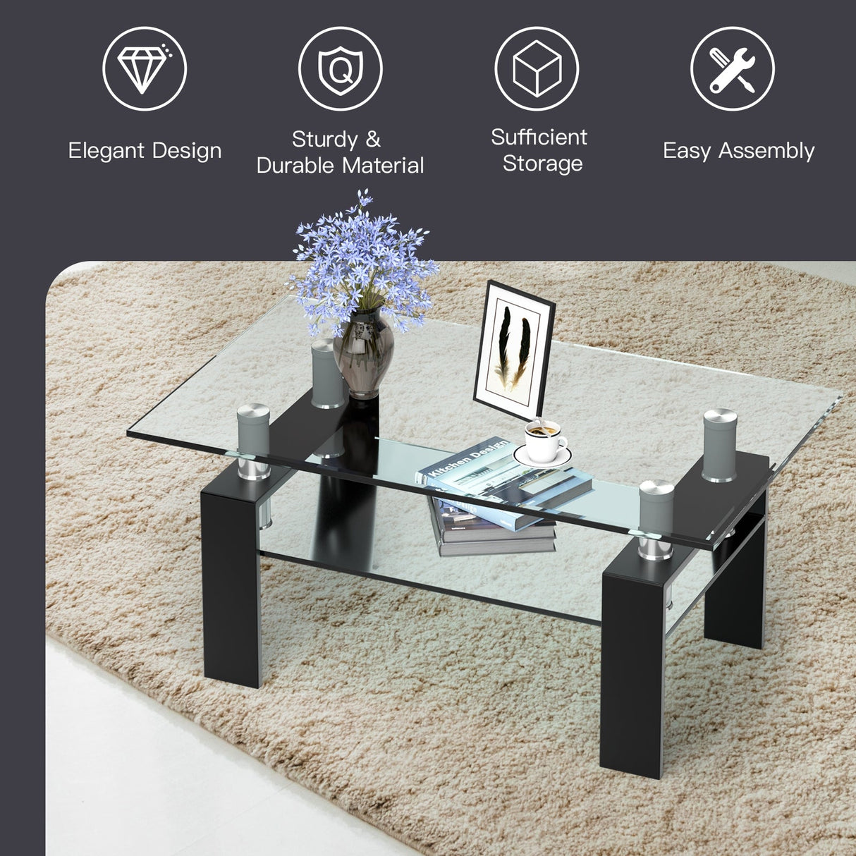 Mesa de centro rectangular de cristal con patas metálicas para salón