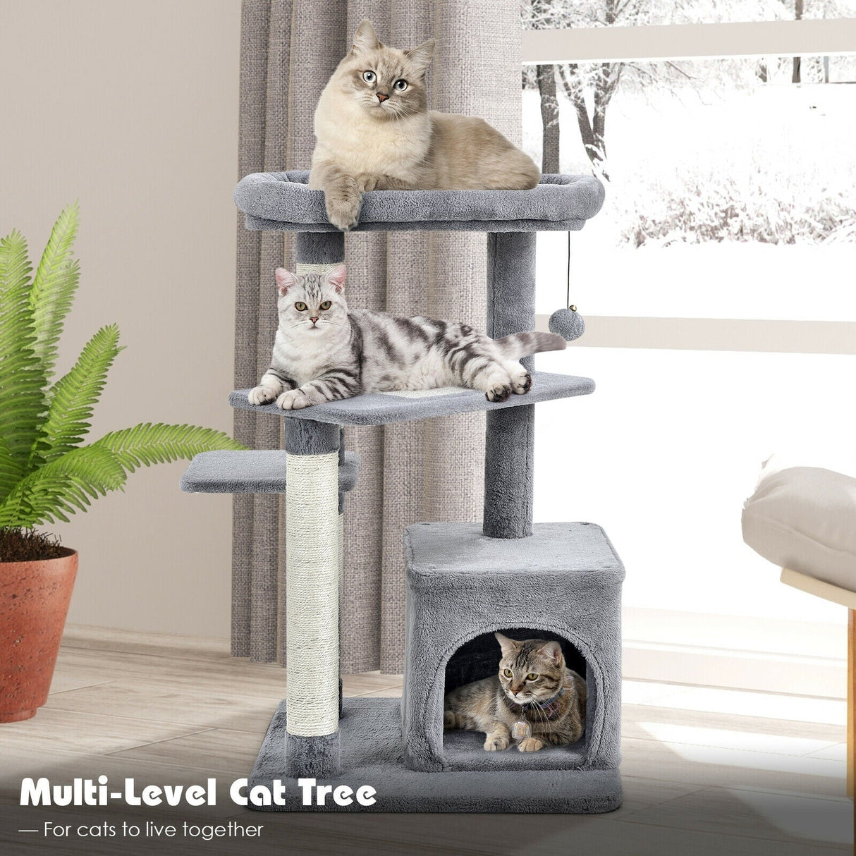 Árbol para gatos con percha y pelota colgante para juego y descanso en interiores