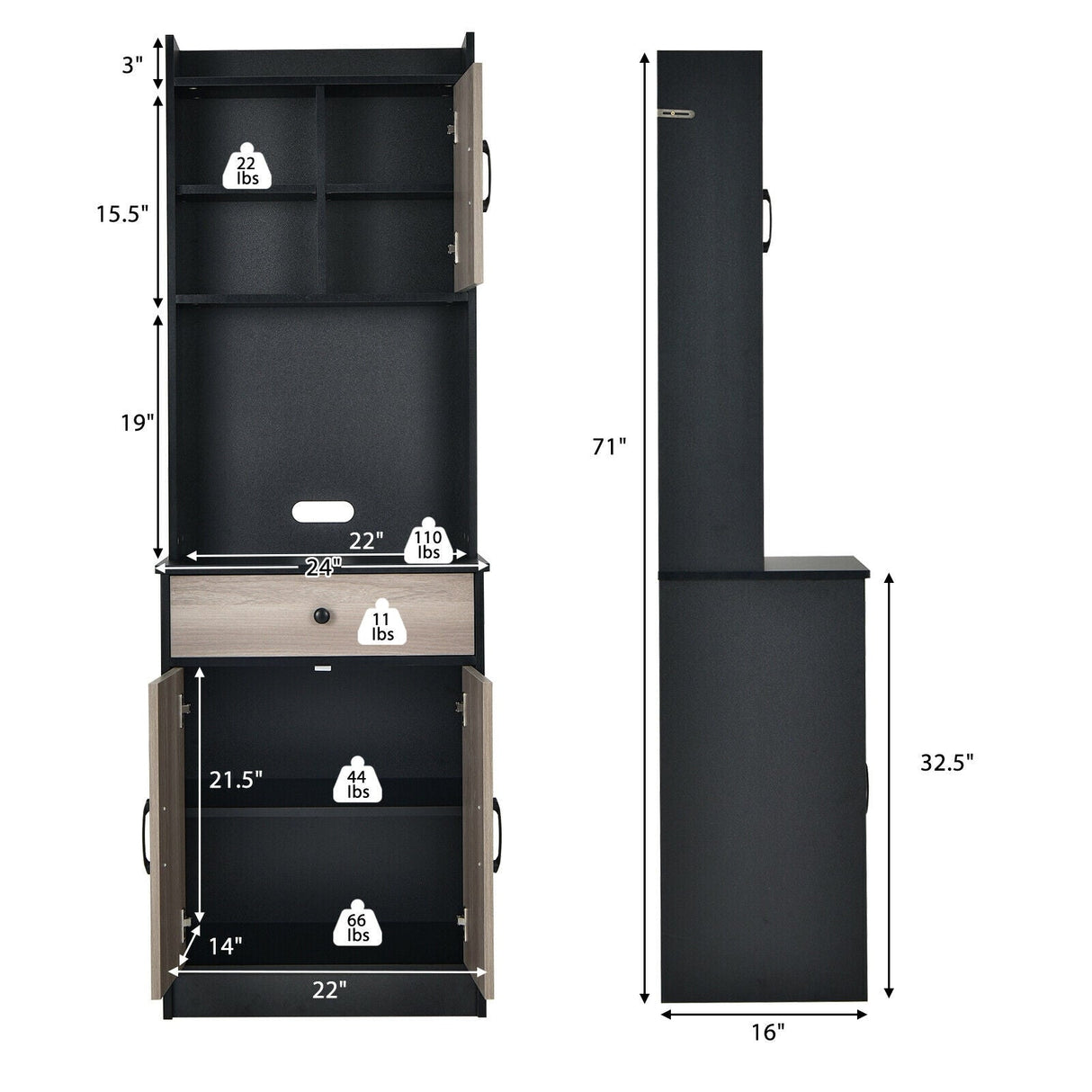 Alacena de cocina de 3 puertas y 71 pulgadas con despensa, bufé, almacenamiento y estante ajustable
