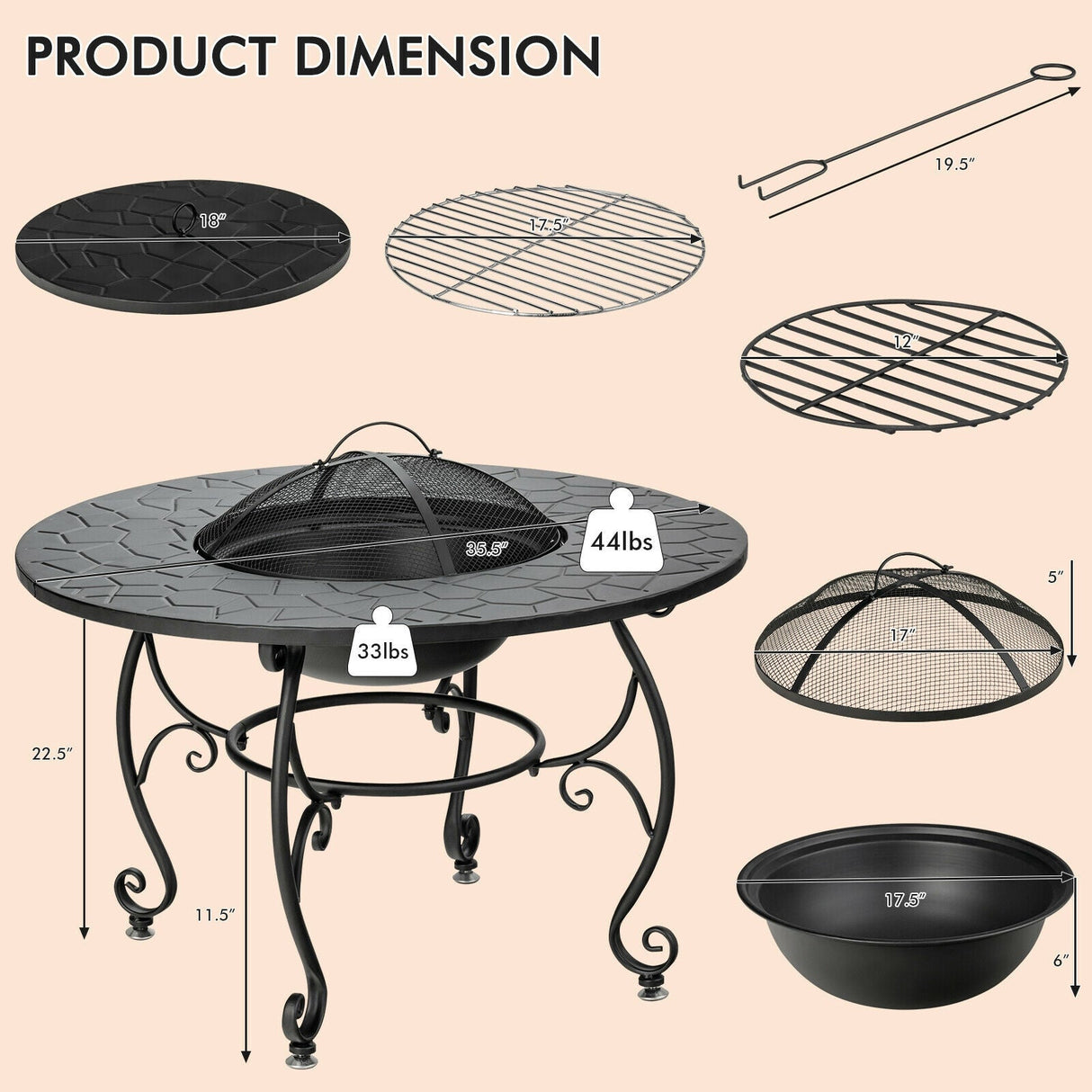 Mesa de comedor con brasero de patio de 35.5 pies con parrilla para barbacoa