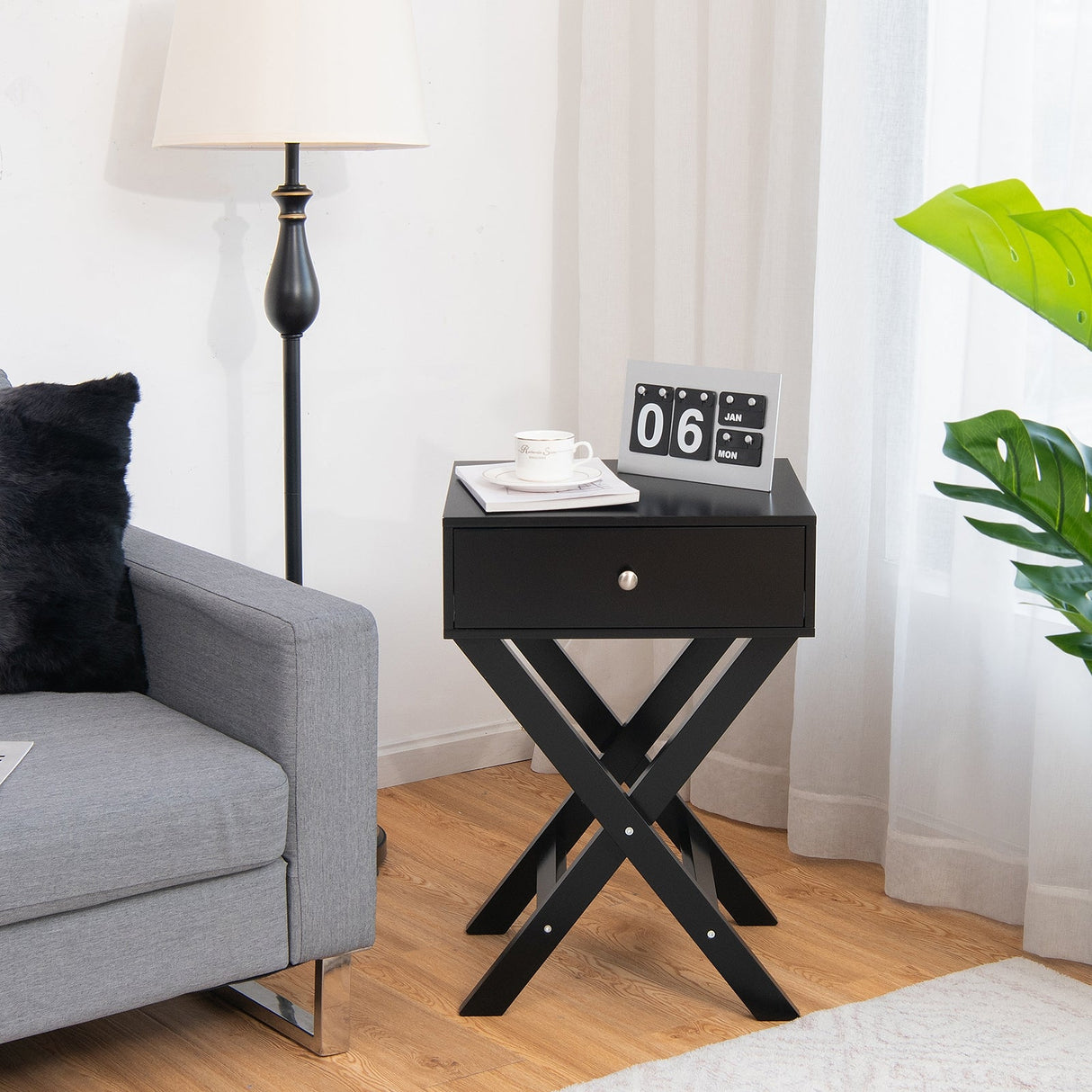 Mesita de noche moderna en forma de X con cajón para sala de estar o dormitorio