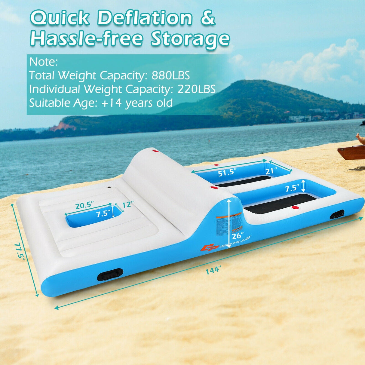 Balsa Inflable de Descanso para 4 Personas con Bomba de Aire Eléctrica de 130W - Blanca