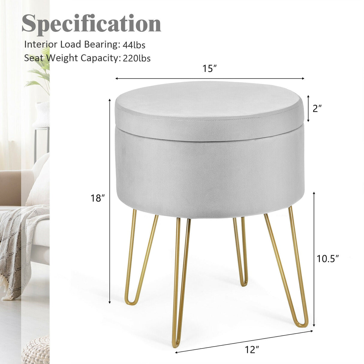 Taburete otomano redondo de terciopelo con almacenamiento, reposapiés, silla de tocador con patas de metal