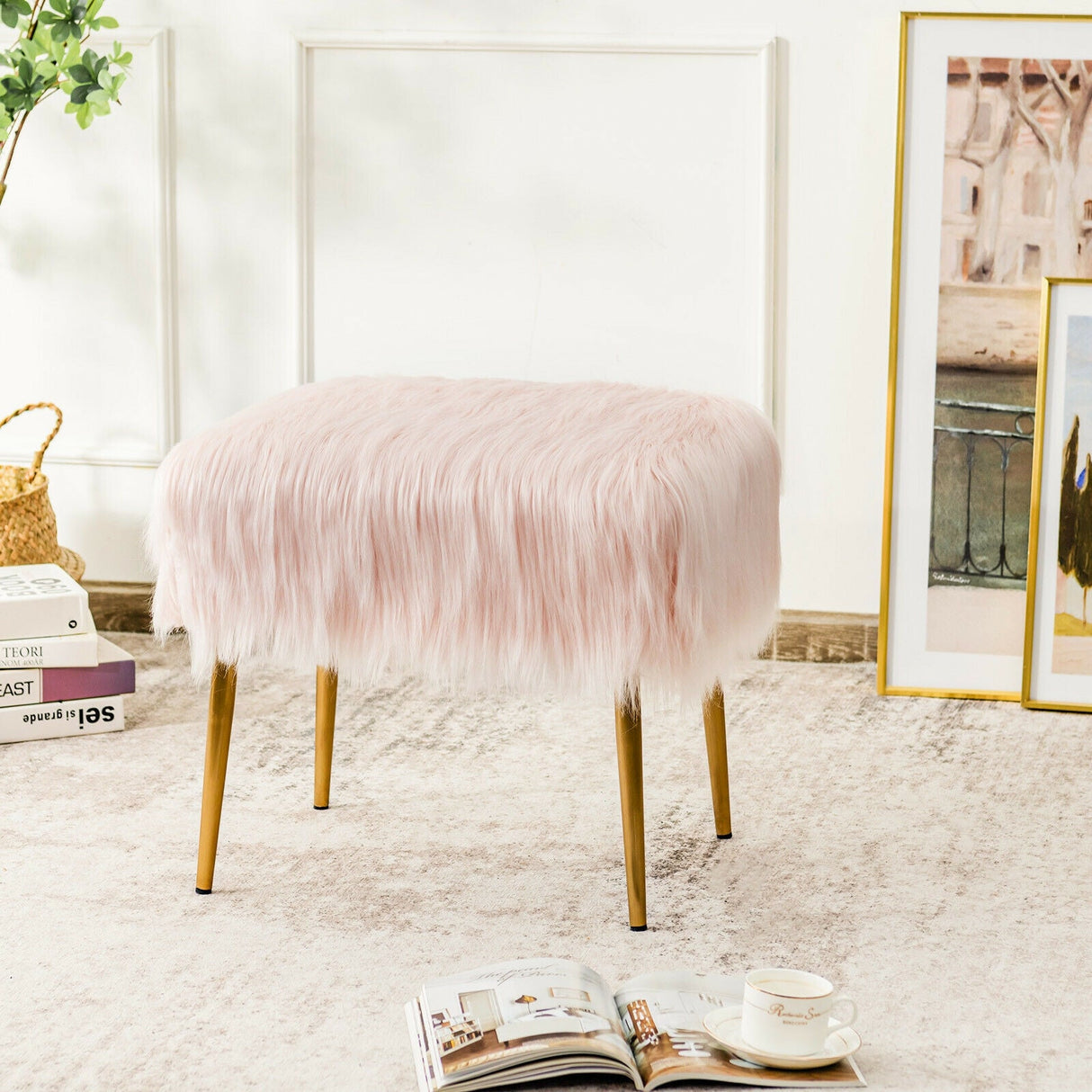 Taburete de Tocador de Pelo Sintético con Patas de Metal Doradas para Sala de Maquillaje