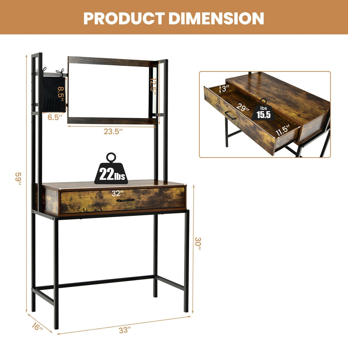 Mesa de tocador industrial con espejo de 3 alturas ajustables y bolsa-Marrón