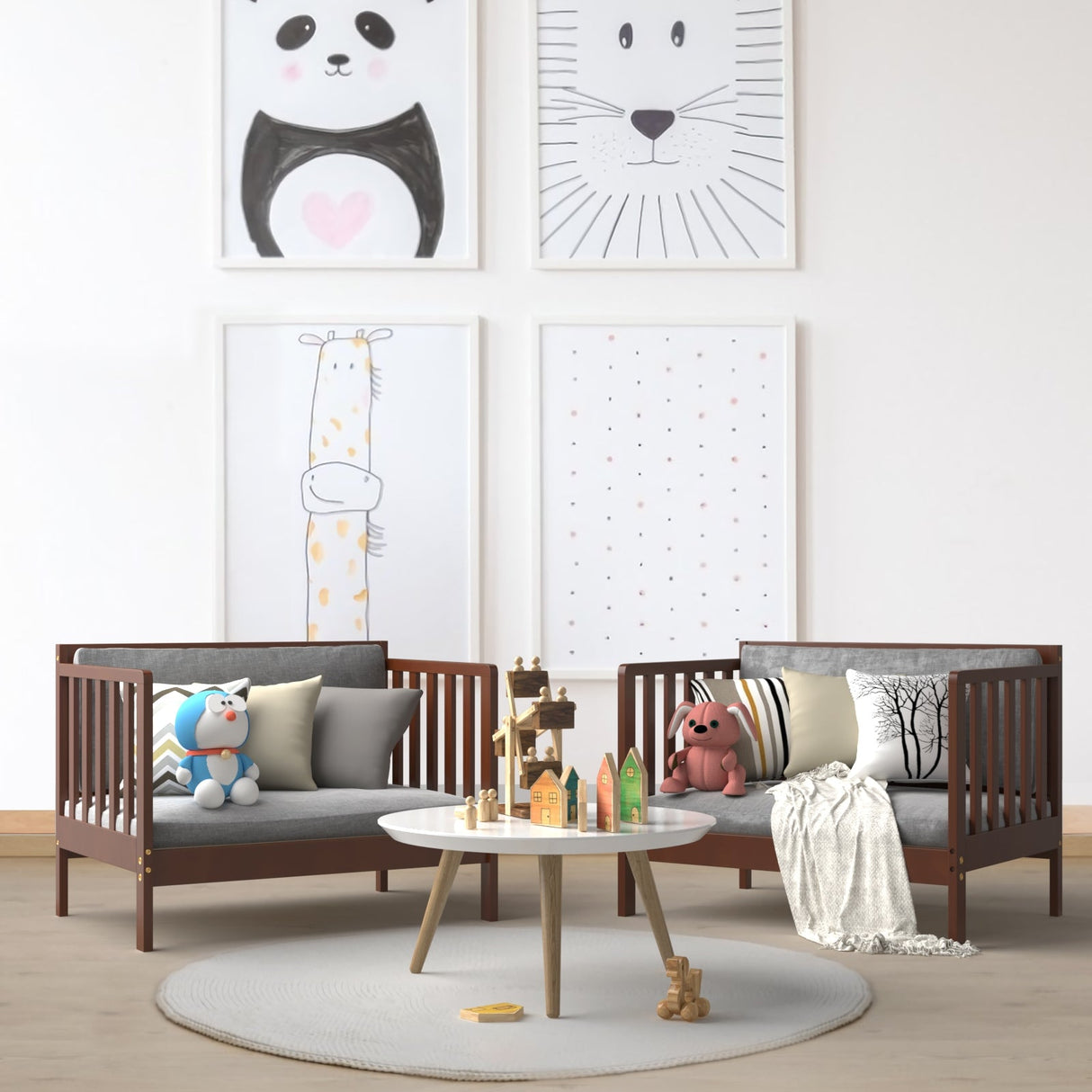 Mueble convertible 2 en 1 de madera para dormitorio infantil con barandillas de seguridad