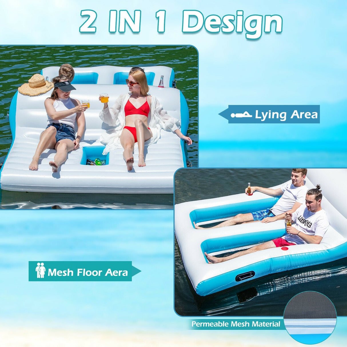 Balsa Inflable de Descanso para 4 Personas con Bomba de Aire Eléctrica de 130W - Blanca