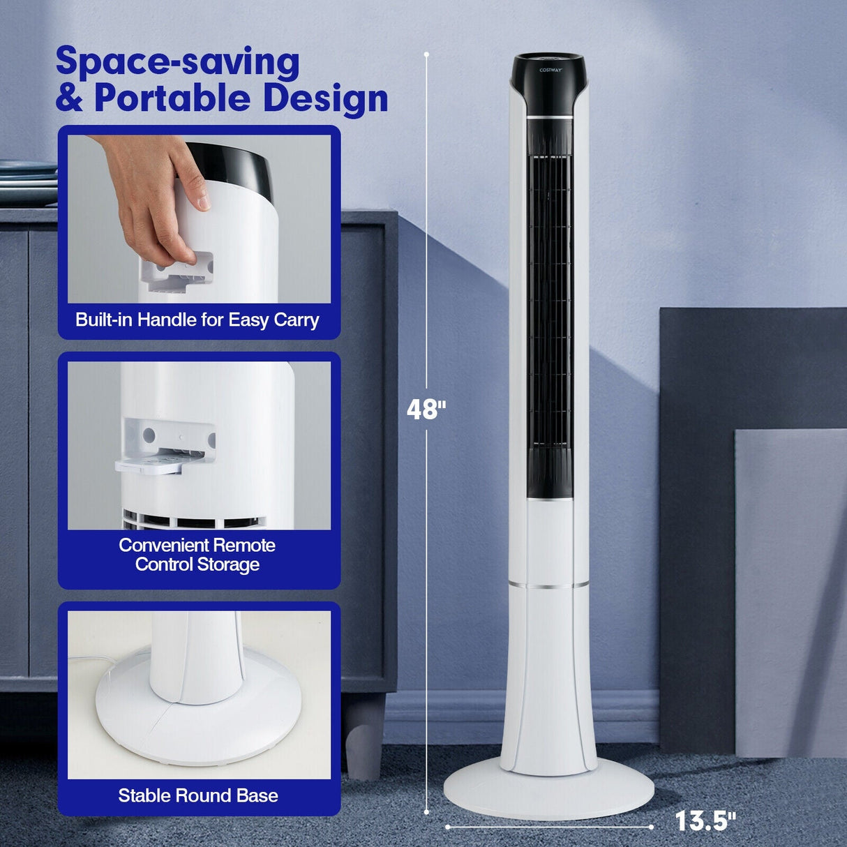 Ventilador de torre portátil de 48 pulgadas con control remoto - Blanco