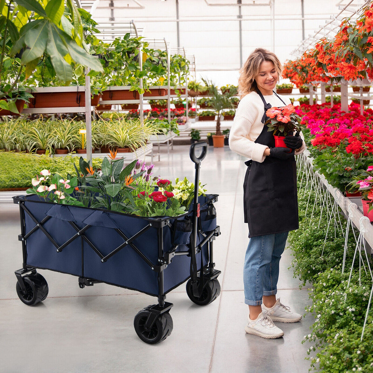 Carro utilitario plegable para jardín con ruedas anchas y mango ajustable