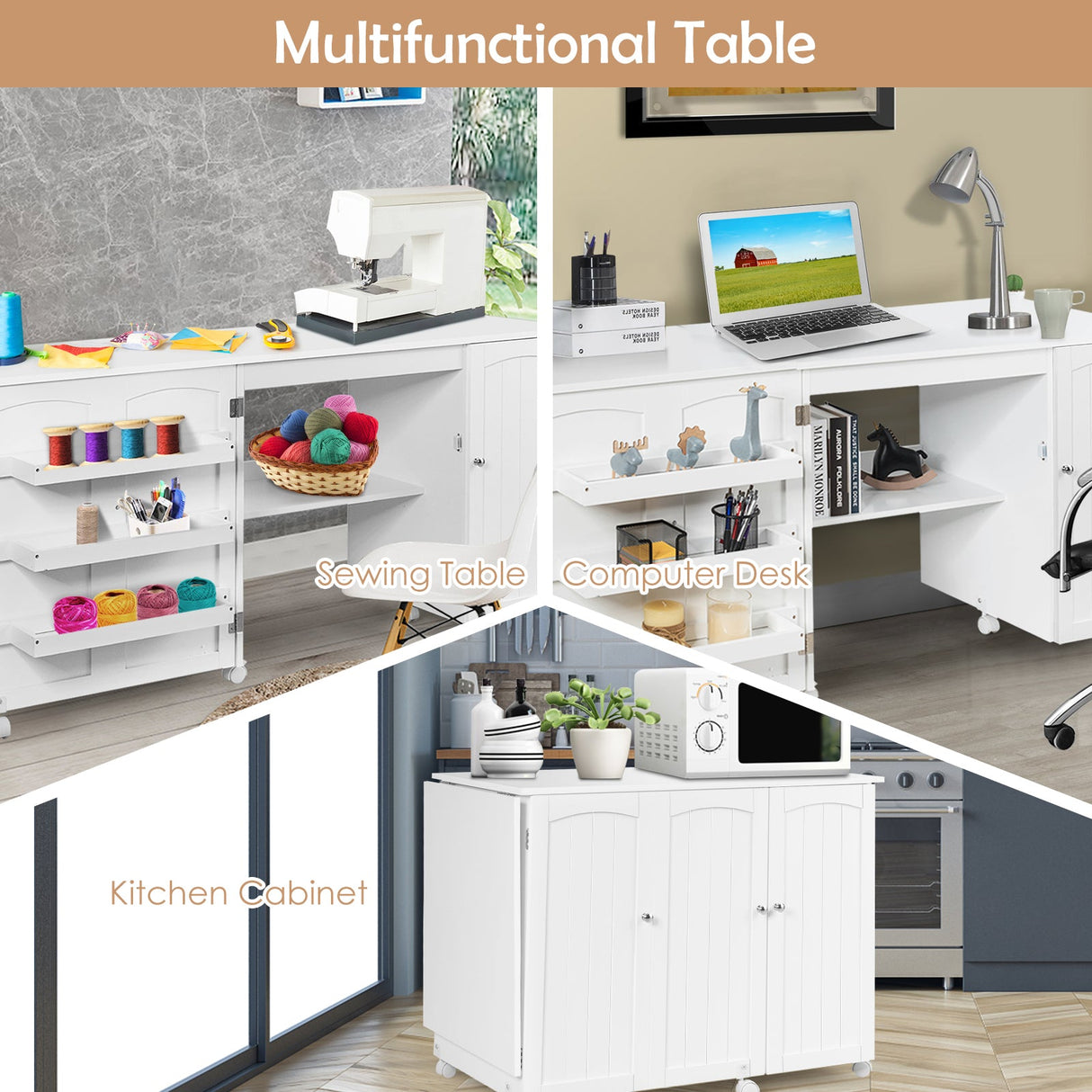 Mesa de costura plegable, estantes, mueble de almacenamiento, carrito artesanal con ruedas