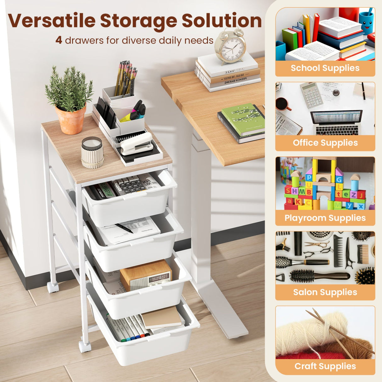 4-Drawer Rolling Storage Cart Mobile Utility Organizer with Wooden Tabletop and Lockable Wheels-White