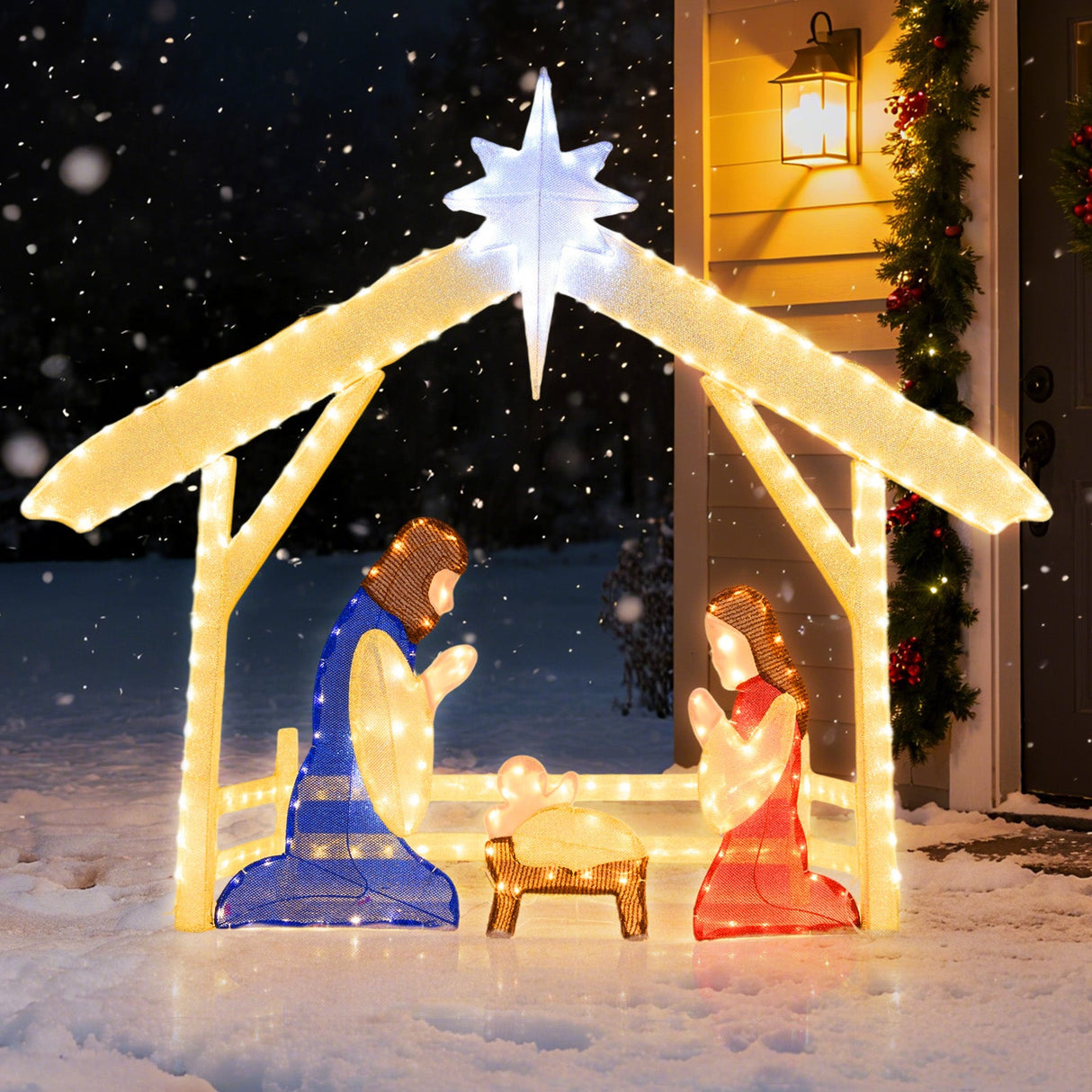 Escena de Nacimiento Iluminada de 4 pies, Juego de la Sagrada Familia Preiluminado de Navidad