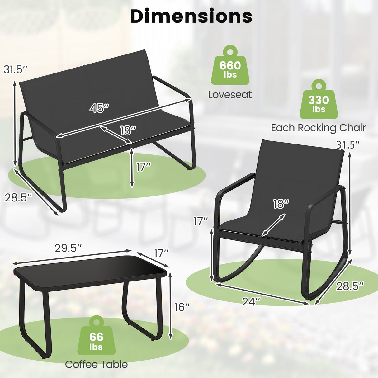 Juego de muebles de patio de 4 piezas, mecedora de exterior, juego de conversación - Negro
