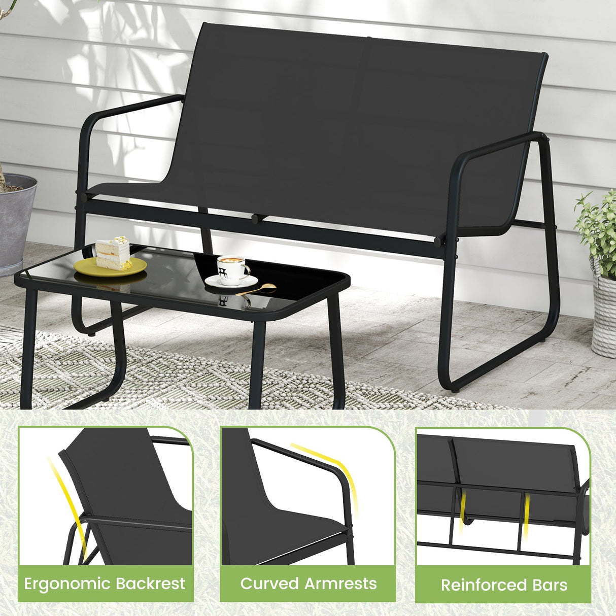 Juego de muebles de patio de 4 piezas, mecedora de exterior, juego de conversación - Negro